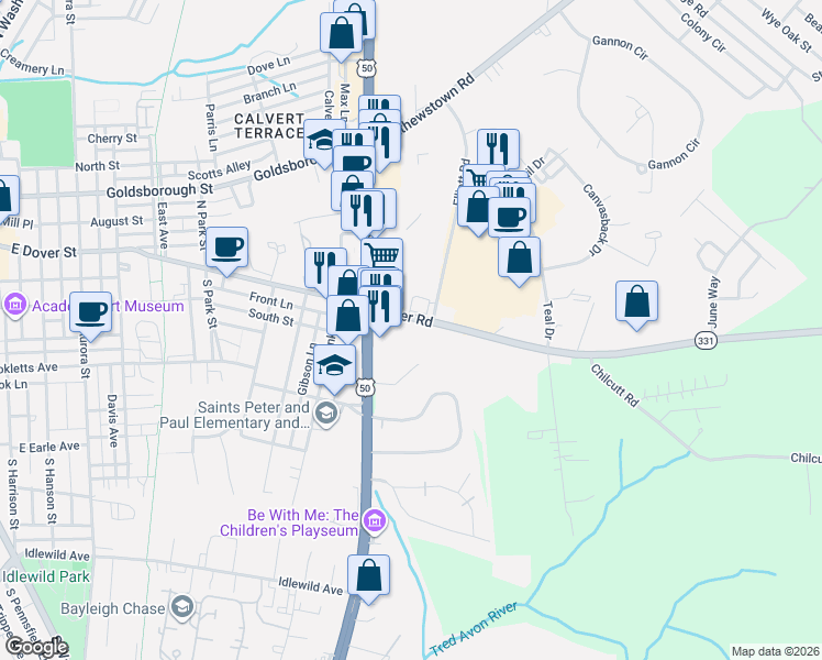 map of restaurants, bars, coffee shops, grocery stores, and more near 29344 Dover Road in Easton