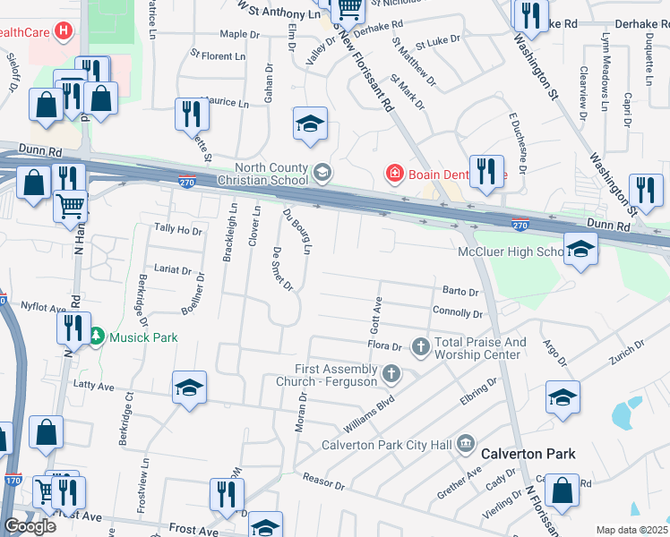 map of restaurants, bars, coffee shops, grocery stores, and more near 249 Barto Drive in St. Louis