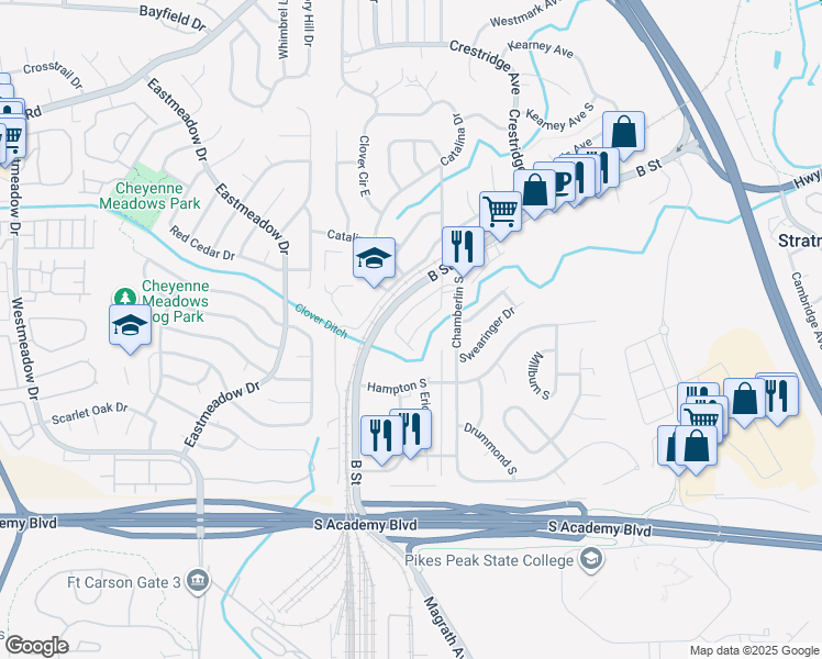map of restaurants, bars, coffee shops, grocery stores, and more near 354 Fairway South in Colorado Springs