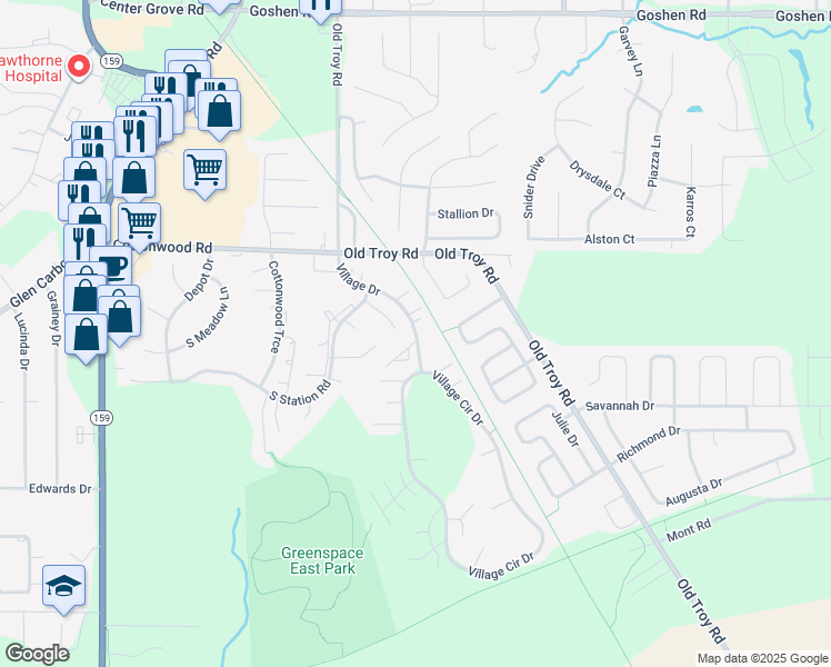 map of restaurants, bars, coffee shops, grocery stores, and more near 751 Village Drive in Glen Carbon