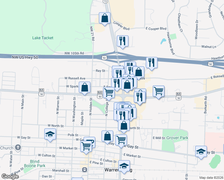 map of restaurants, bars, coffee shops, grocery stores, and more near 211 East Sparks Street in Warrensburg
