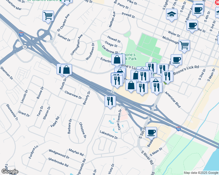 map of restaurants, bars, coffee shops, grocery stores, and more near 1475 Fairgrounds Road in Saint Charles