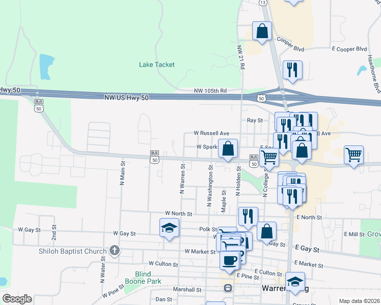 map of restaurants, bars, coffee shops, grocery stores, and more near 225 East Young Avenue in Warrensburg
