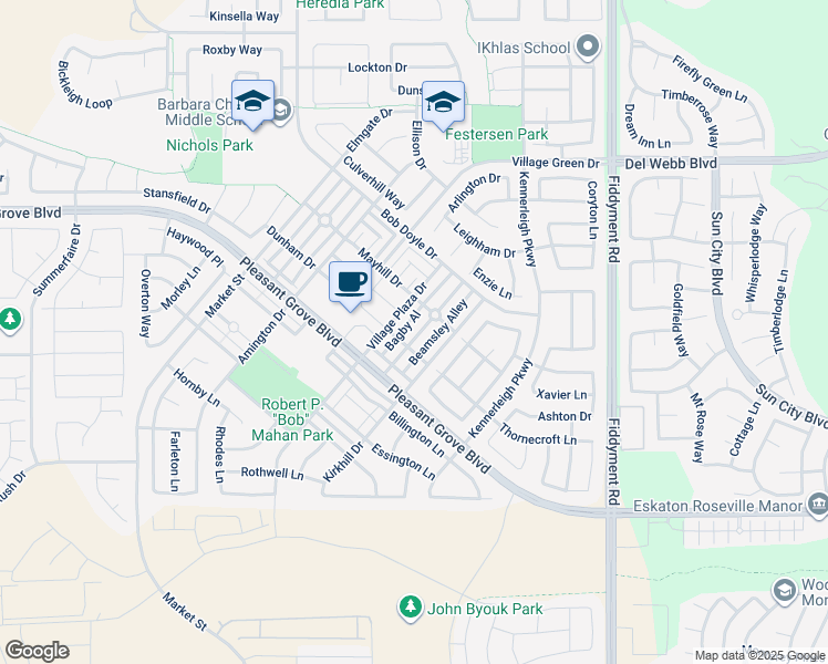 map of restaurants, bars, coffee shops, grocery stores, and more near 3097 Parkham Drive in Roseville