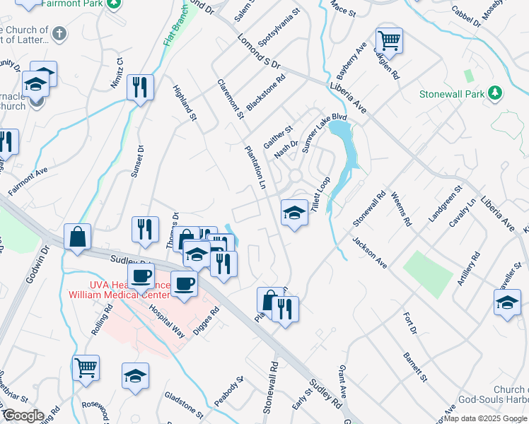 map of restaurants, bars, coffee shops, grocery stores, and more near 8421 Georgian Court in Manassas