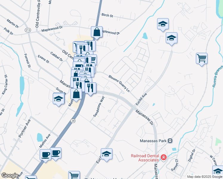 map of restaurants, bars, coffee shops, grocery stores, and more near 8300 Sunnyside Court in Manassas Park