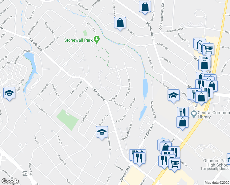 map of restaurants, bars, coffee shops, grocery stores, and more near 8478 Battle Court in Manassas