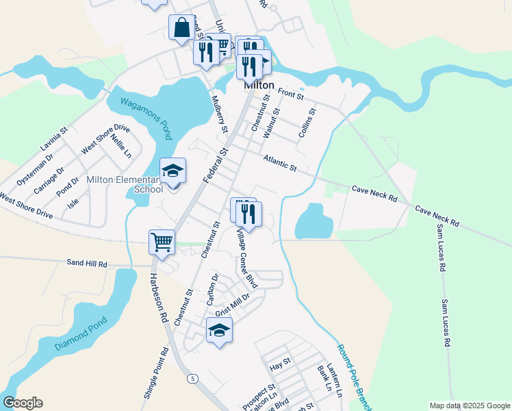 map of restaurants, bars, coffee shops, grocery stores, and more near 200 Sassafras Lane in Milton