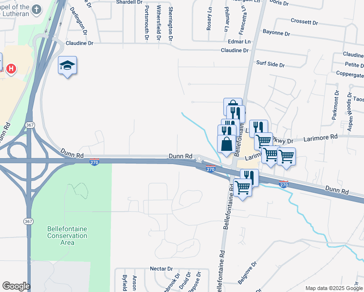 map of restaurants, bars, coffee shops, grocery stores, and more near 1689 Dunn Road in St. Louis