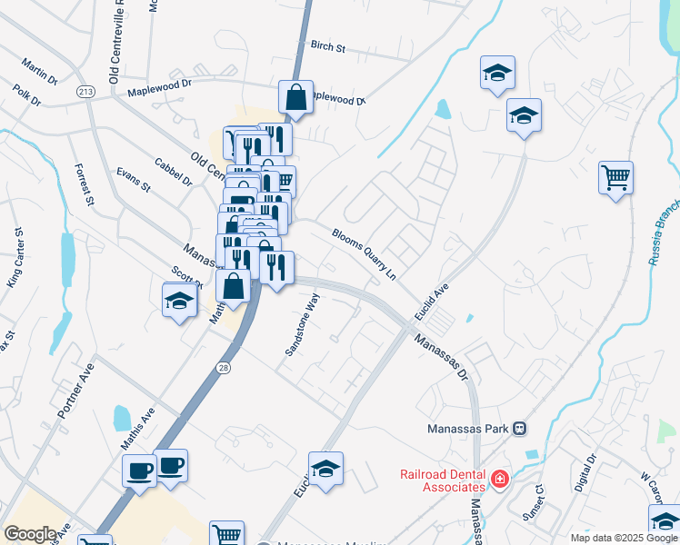 map of restaurants, bars, coffee shops, grocery stores, and more near 8300 Sunnyside Court in Manassas Park