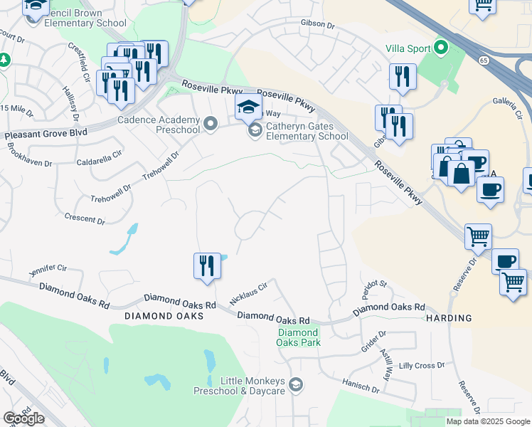 map of restaurants, bars, coffee shops, grocery stores, and more near Belvedere Circle & Portmarnock Circle in Roseville