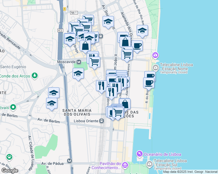 map of restaurants, bars, coffee shops, grocery stores, and more near 45 Avenida Dom João II in Lisboa
