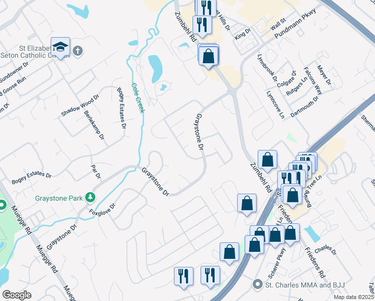map of restaurants, bars, coffee shops, grocery stores, and more near 4 Brae Burn Court in Saint Charles