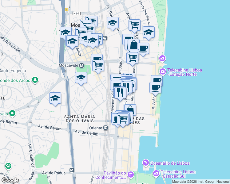map of restaurants, bars, coffee shops, grocery stores, and more near 45 Avenida Dom João II in Lisboa