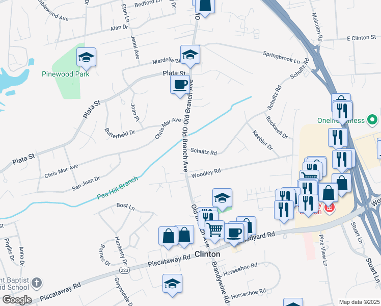 map of restaurants, bars, coffee shops, grocery stores, and more near 8524 Schultz Road in Clinton