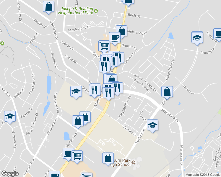 map of restaurants, bars, coffee shops, grocery stores, and more near 0 Manassas Drive in Manassas Park