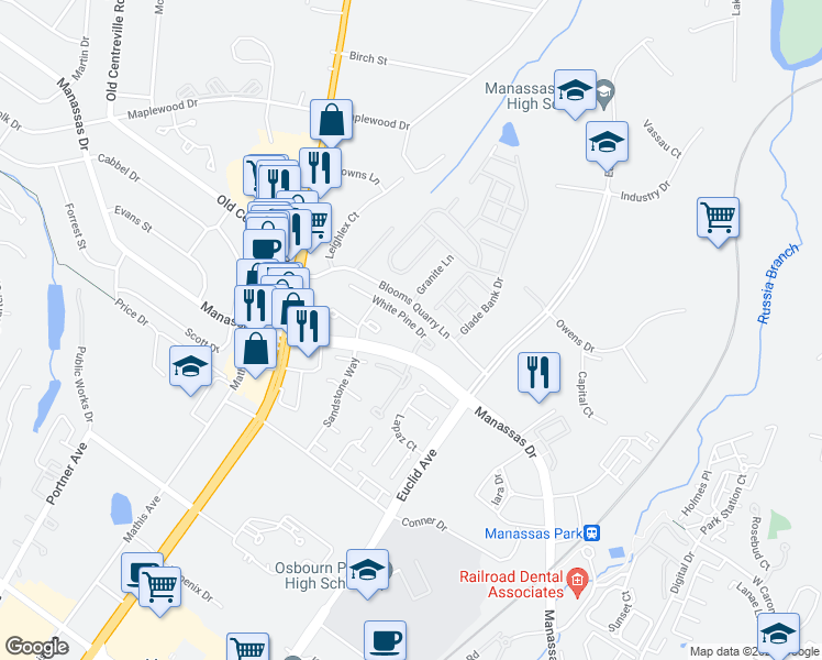 map of restaurants, bars, coffee shops, grocery stores, and more near 8245 White Pine Drive in Manassas Park