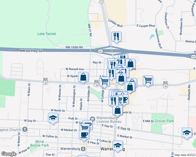 map of restaurants, bars, coffee shops, grocery stores, and more near 710 North College Street in Warrensburg