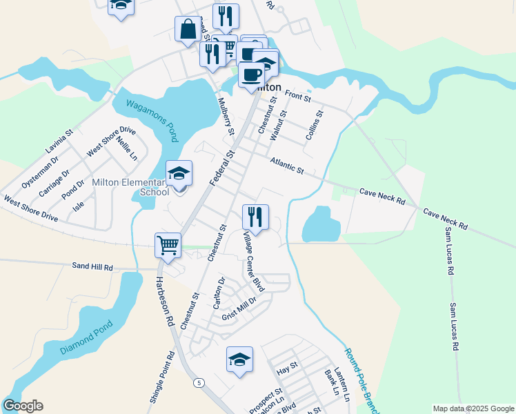 map of restaurants, bars, coffee shops, grocery stores, and more near 200 Sassafras Lane in Milton