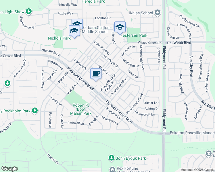 map of restaurants, bars, coffee shops, grocery stores, and more near 3104 Bagby Al in Roseville