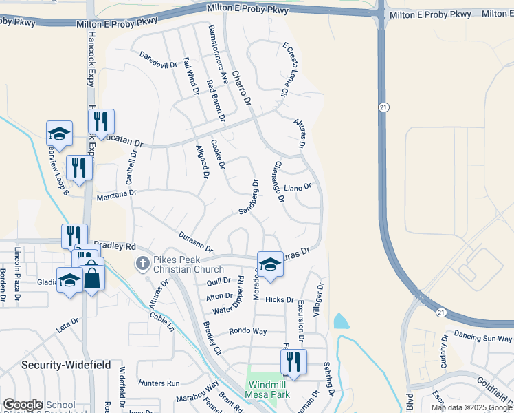 map of restaurants, bars, coffee shops, grocery stores, and more near 4050 Cooke Lane in Colorado Springs