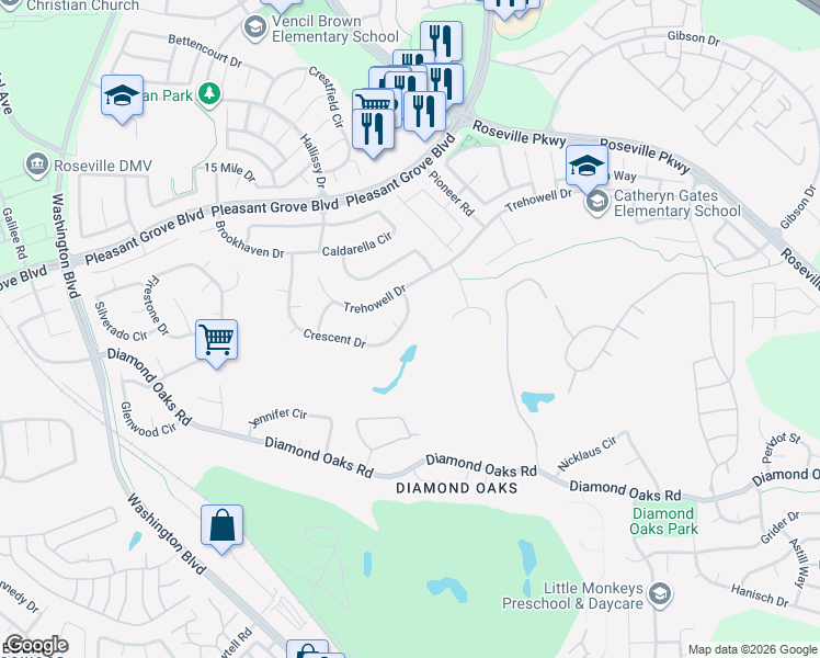 map of restaurants, bars, coffee shops, grocery stores, and more near 408 Crescent Drive in Roseville