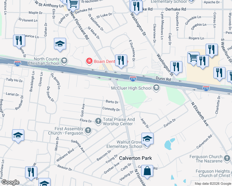map of restaurants, bars, coffee shops, grocery stores, and more near 1811 South New Florissant Road in Florissant