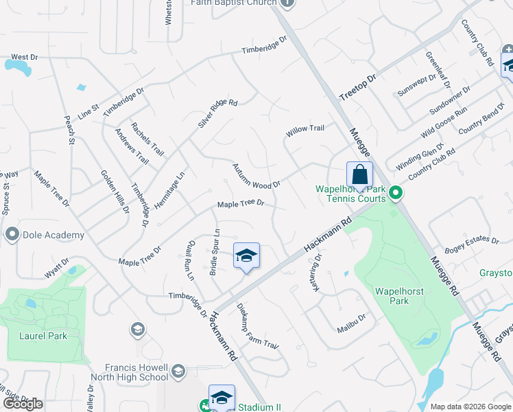 map of restaurants, bars, coffee shops, grocery stores, and more near 2620 Maple Tree Drive in Saint Charles