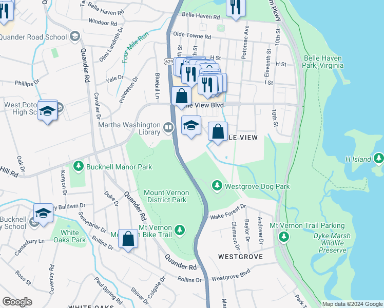 map of restaurants, bars, coffee shops, grocery stores, and more near 6701 Fort Hunt Road in Alexandria