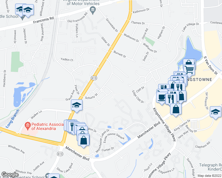 map of restaurants, bars, coffee shops, grocery stores, and more near 6136 Cinnamon Court in Alexandria