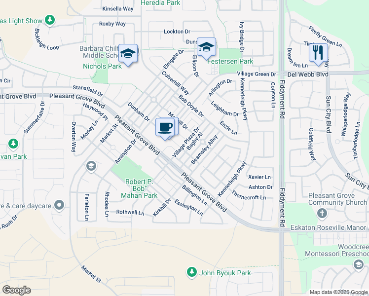map of restaurants, bars, coffee shops, grocery stores, and more near 3072 Village Plaza Drive in Roseville