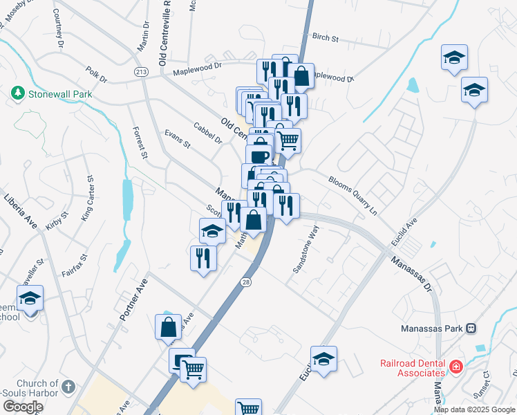 map of restaurants, bars, coffee shops, grocery stores, and more near Manassas Drive in Manassas Park