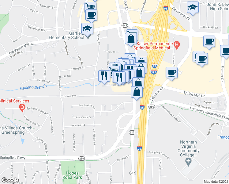 map of restaurants, bars, coffee shops, grocery stores, and more near 7013 Oriole Avenue in Springfield