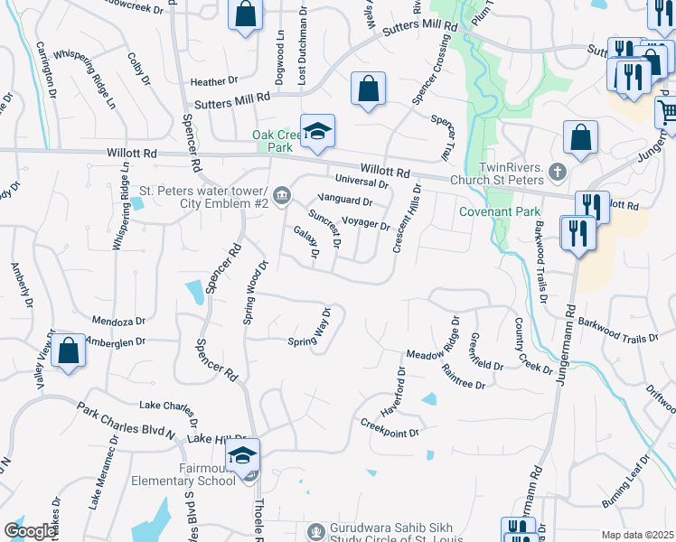map of restaurants, bars, coffee shops, grocery stores, and more near 62 Crescent Hills Drive in St. Peters