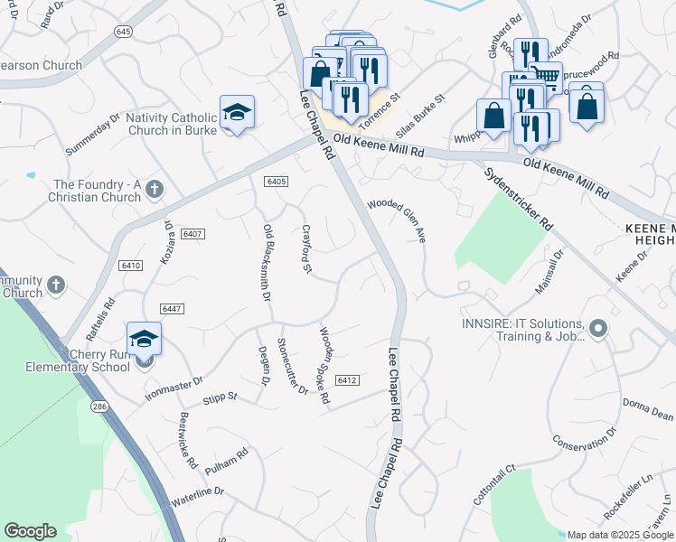 map of restaurants, bars, coffee shops, grocery stores, and more near 9514 Ironmaster Drive in Burke