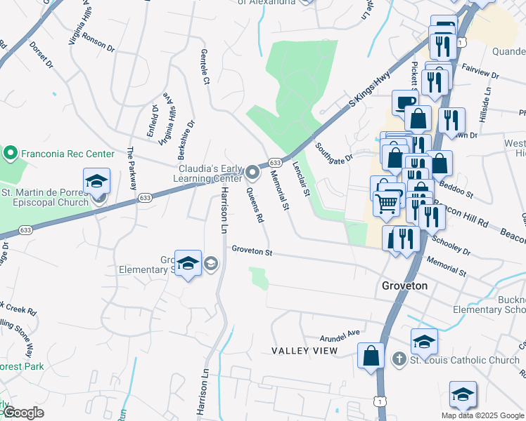 map of restaurants, bars, coffee shops, grocery stores, and more near 6711 Queens Road in Alexandria