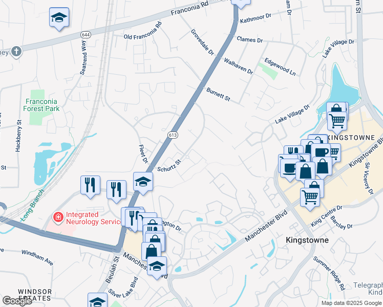 map of restaurants, bars, coffee shops, grocery stores, and more near 6169 Cinnamon Court in Alexandria