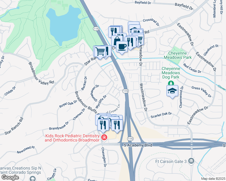 map of restaurants, bars, coffee shops, grocery stores, and more near 707 Crown Point Lane in Colorado Springs