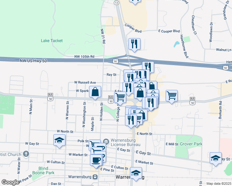 map of restaurants, bars, coffee shops, grocery stores, and more near 710 North College Street in Warrensburg
