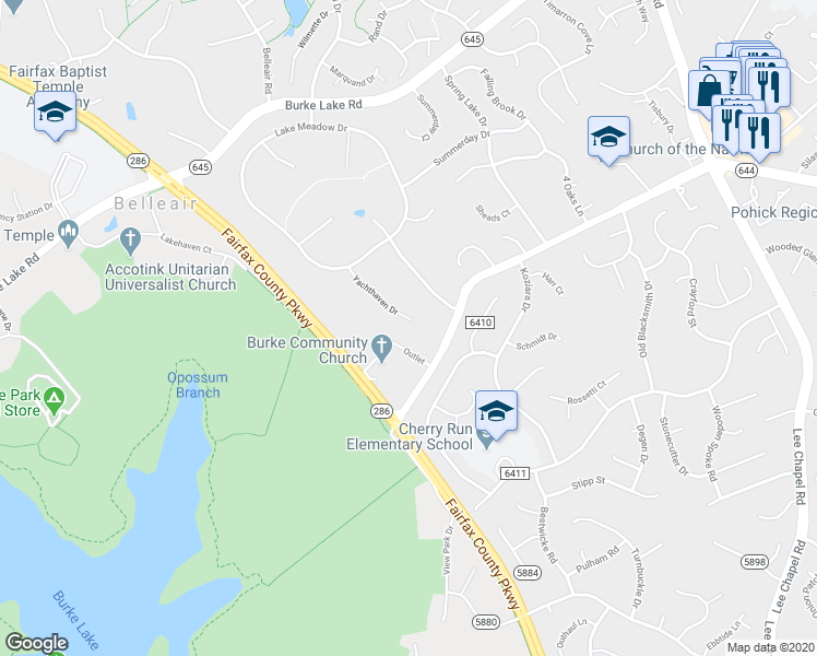 map of restaurants, bars, coffee shops, grocery stores, and more near 9901 Yachthaven Dr in Burke