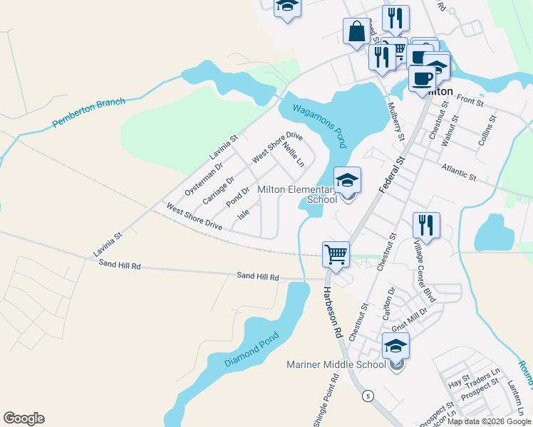 map of restaurants, bars, coffee shops, grocery stores, and more near 156 West Shore Drive in Milton