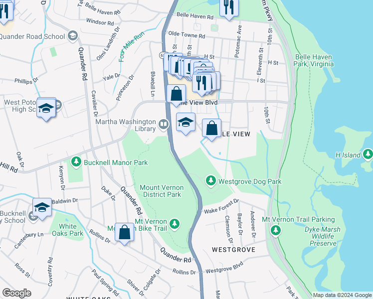 map of restaurants, bars, coffee shops, grocery stores, and more near 6701 Fort Hunt Road in Alexandria