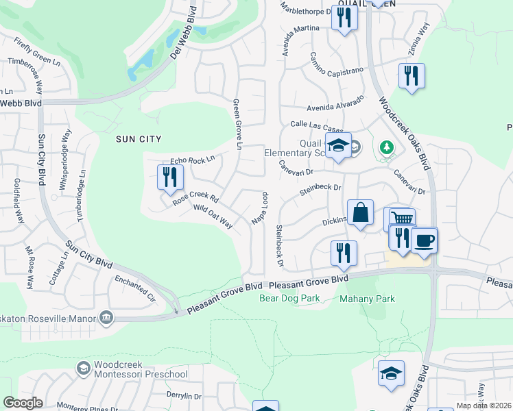 map of restaurants, bars, coffee shops, grocery stores, and more near 232 Trolleybell Court in Roseville