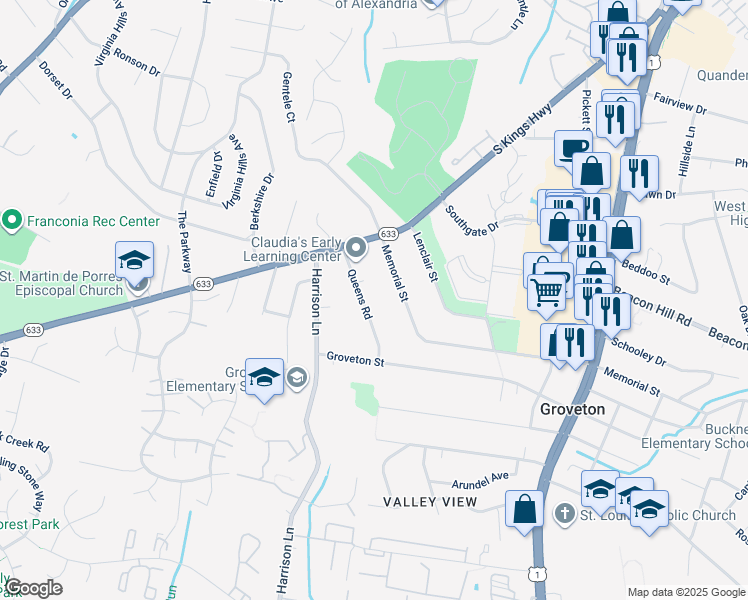 map of restaurants, bars, coffee shops, grocery stores, and more near 6711 Queens Road in Alexandria