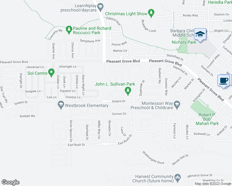 map of restaurants, bars, coffee shops, grocery stores, and more near 9073 Hourglass Circle in Roseville