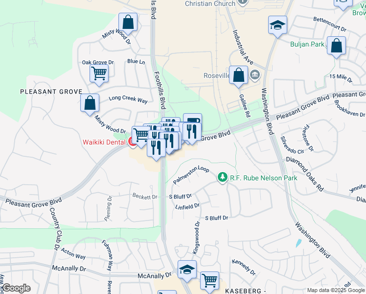 map of restaurants, bars, coffee shops, grocery stores, and more near 1253 Pleasant Grove Boulevard in Roseville