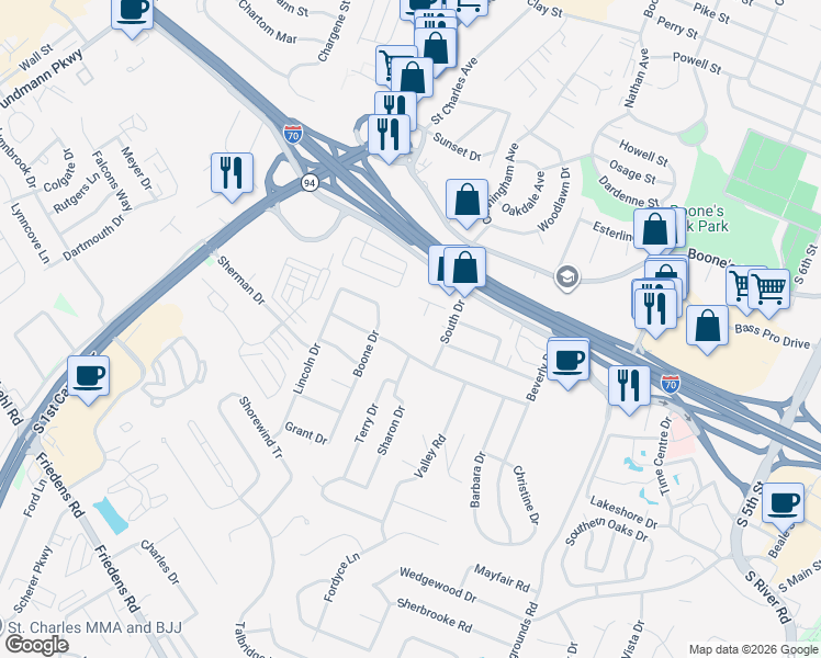 map of restaurants, bars, coffee shops, grocery stores, and more near 1416 South Drive in Saint Charles