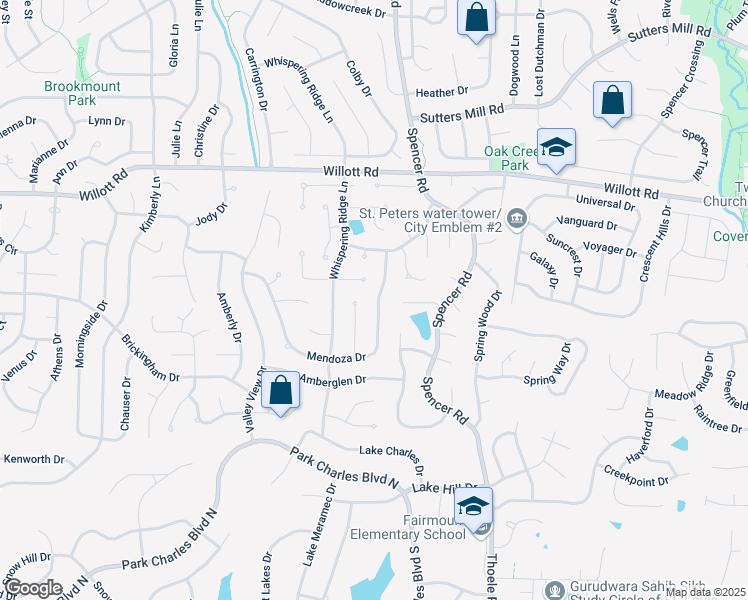 map of restaurants, bars, coffee shops, grocery stores, and more near 1238 Mendoza Drive in St. Peters