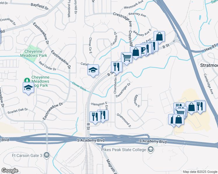 map of restaurants, bars, coffee shops, grocery stores, and more near 373 Greensboro South in Colorado Springs