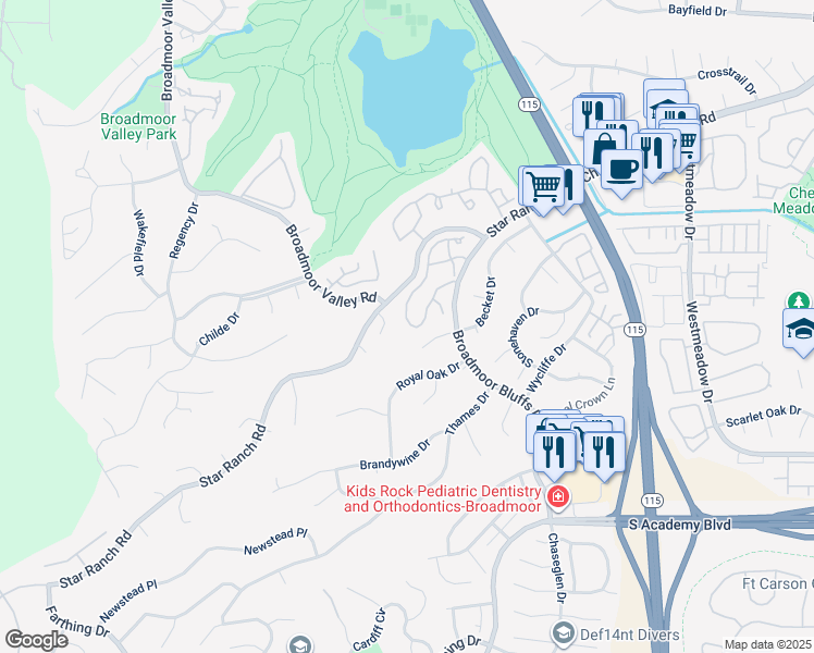 map of restaurants, bars, coffee shops, grocery stores, and more near 4145 Autumn Heights Drive in Colorado Springs